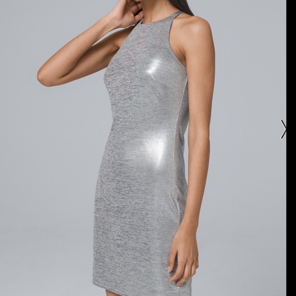 NWT White House Black Market Silver
Metallic High Neck Strappy Back Mini
Dress S